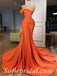 Elegant Orange Satin One Shoulder Sleeveless Mermaid Long Prom Dresses With Decoration,SFPD0398