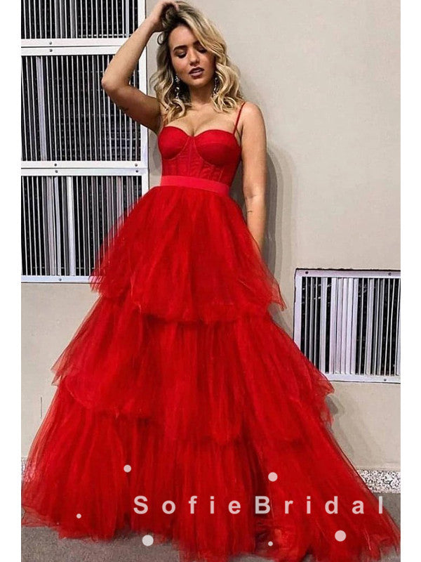 A-Line Sweetheart Spaghetti Straps Red Tulle Long Prom Dresses,SFPD0003