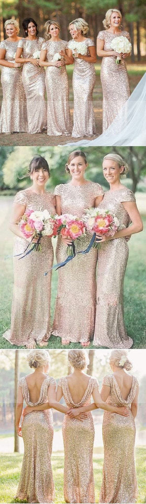 Best Sale Cap Sleeve Gold Sequin Bridesmaid Dress, Mermaid Bridesmaid Dress, WD0251
