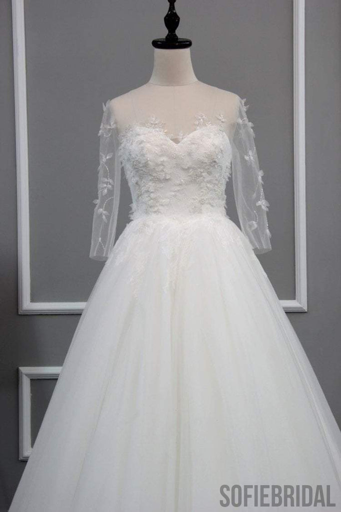 New Arrival Half Sleeve A-line Lace Tulle Zip Up Wedding Dresses, Popular Bridal Gown, WD0235