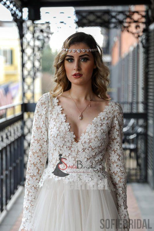 V-neck Long Sleeve Lace Tulle Wedding Dresses, Elegant V-back Wedding Dresses, WD0247
