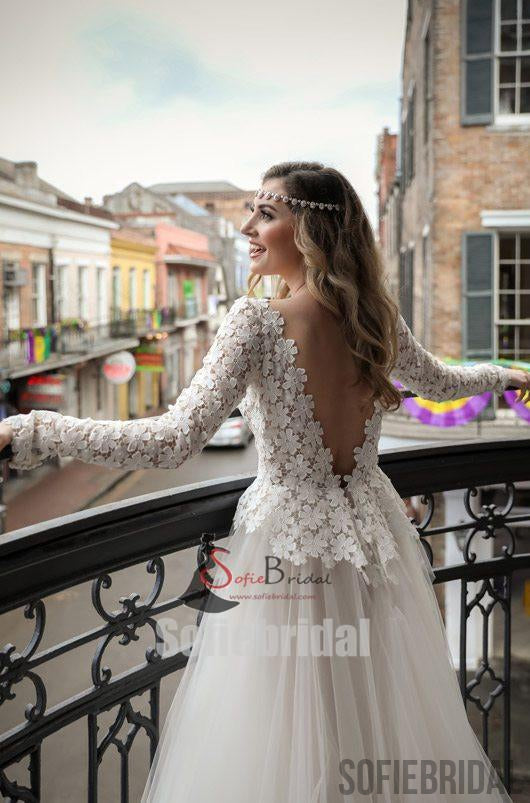 V-neck Long Sleeve Lace Tulle Wedding Dresses, Elegant V-back Wedding Dresses, WD0247