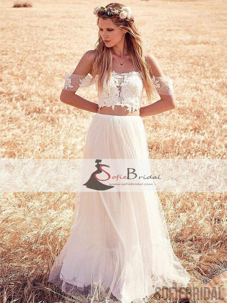 Off Shoulder Lace Top Wedding Dresses, Boho Wedding Dresses, 2 Pieces Wedding Dresses, WD0271
