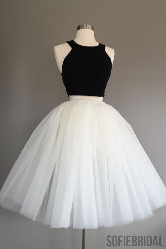 2 Pieces Black Top White Tulle Homecoming Dresses, Homecoming Dresses, Cheap Homecoming Dresses, SF0100