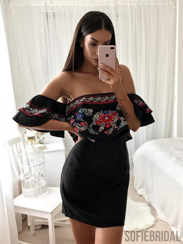 Off-shoulder Sheath Embroidery Black Satin Homecoming Dress, HD0126