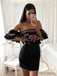 Off-shoulder Sheath Embroidery Black Satin Homecoming Dress, HD0126