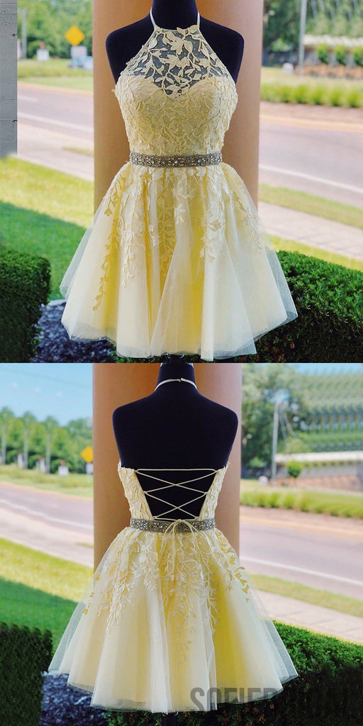 Halter Strapless Appliques Beading Lace-up Back Homecoming Dress, HD0169