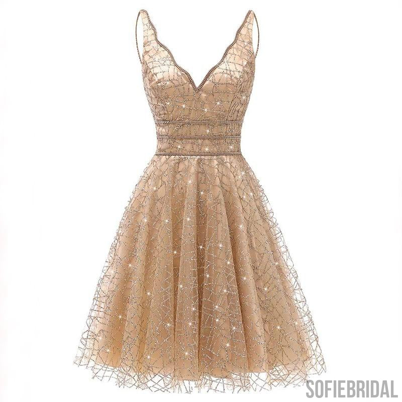 New Arrival V-neck Sleeveless Lace-up Back Short Homecoming Dress, HD0168