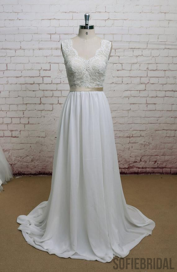 Backless V Neck Cap Sleeve Lace Simple Cheap Beach Wedding Dresses, WD323