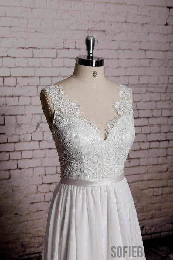 Simple Lace V Neck Cheap Beach Wedding Dresses Online, WD384