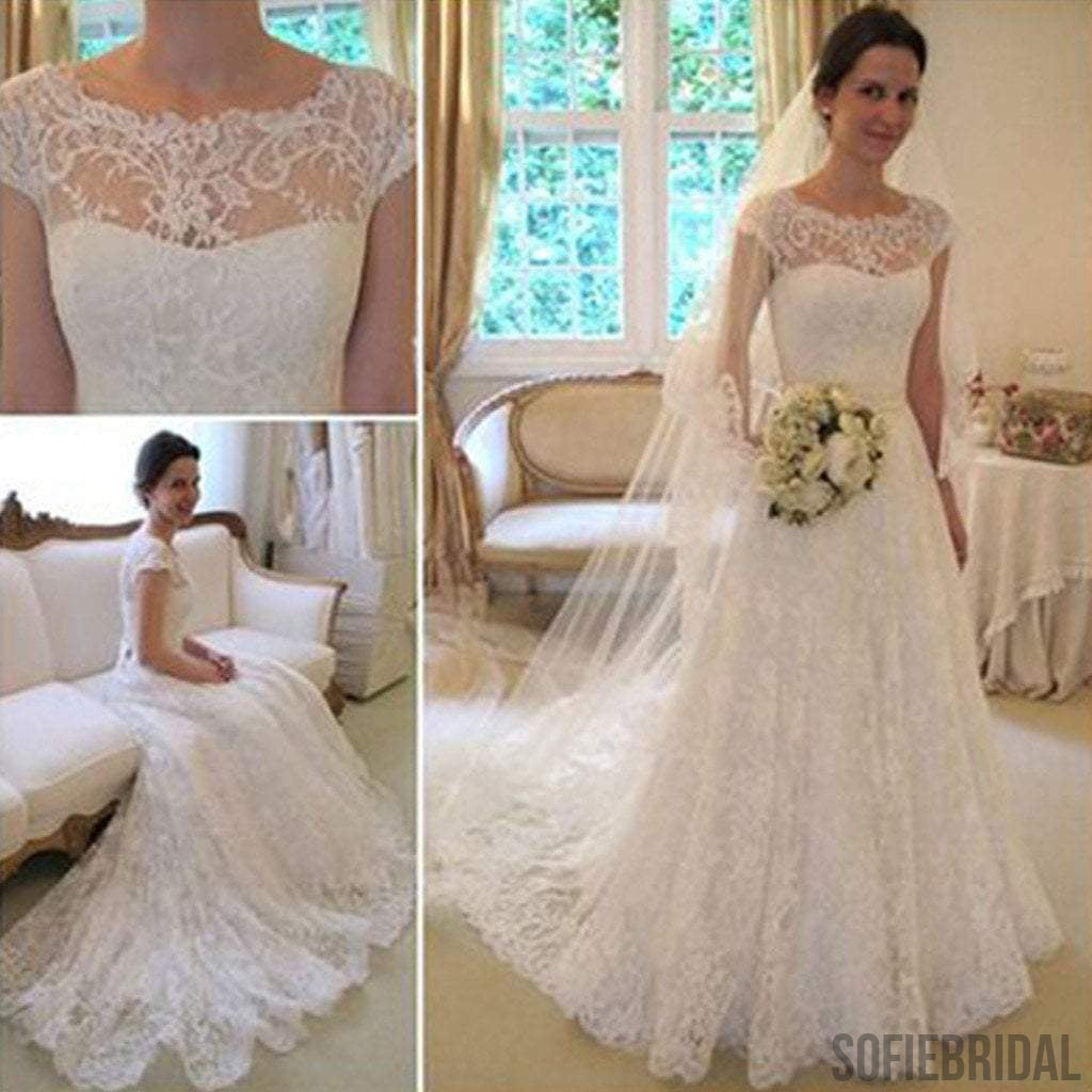 Long A-Line Round Neck Illusion White Lace Wedding Party Dresses, WD0044