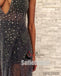 Dark Gray V-neck Rhinestone Beaded Side Slit See Through Prom Dresses, PD0862