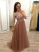 A Line V Neck Tulle Long Beaded Cheap Evening Prom Dress, PD0060