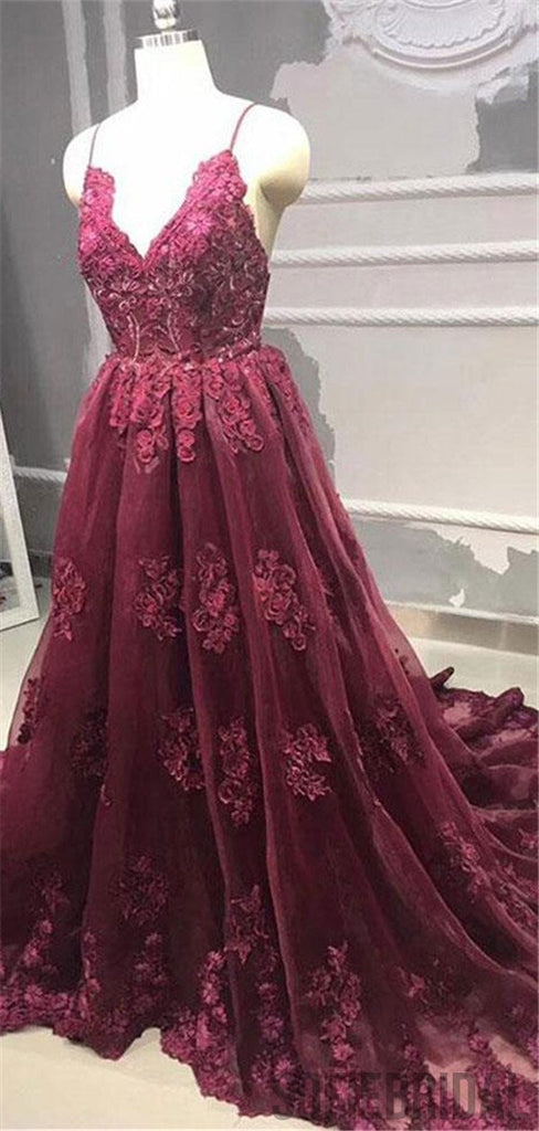 Straps V-neck Backless Burgundy Lace Appliques Prom Dresses, PD0078