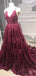 Straps V-neck Backless Burgundy Lace Appliques Prom Dresses, PD0078