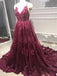 Straps V-neck Backless Burgundy Lace Appliques Prom Dresses, PD0078