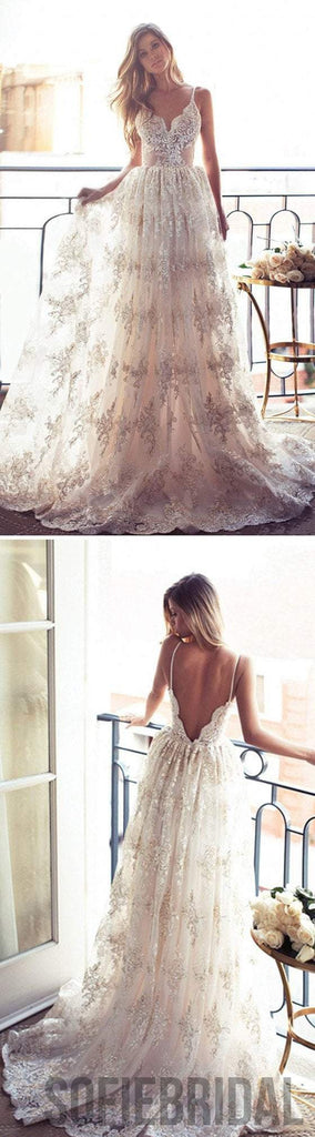 Long A-line Spaghetti V-back Sexy Lace Bridal Gown, Wedding Party Dress, WD0046