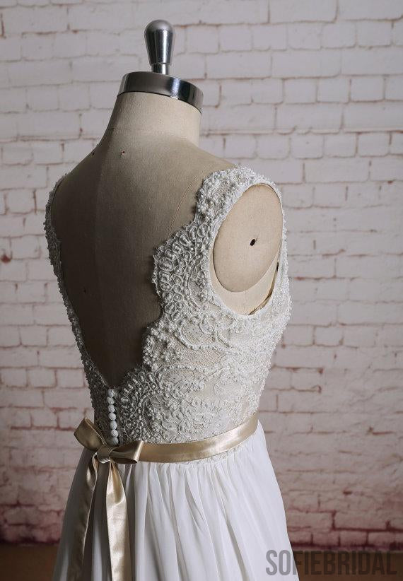 Lace V Neck A-line Cheap Beach Wedding Dresses Online, WD386