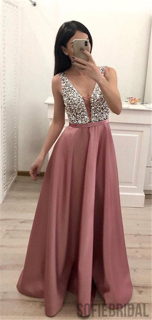 Sparkly Floor-length V-neck Backless Prom Dresses With Beading, PD0038