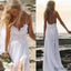 Simple Spaghetti White Lace Side Slit Wedding Dresses For Beach Wedding, WD0047