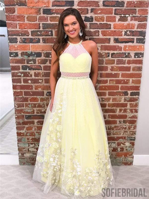 Halter Tulle Prom Dresses, Floral Prom Dresses, Long Prom Dresses, Cheap Prom Dresses, PD0639