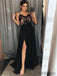 Spaghetti Black Prom Dresses, Side Slit Prom Dresses, Lace Prom Dresses, Cheap Prom Dresses, PD0640