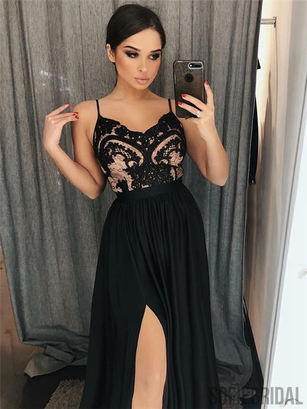 Spaghetti Black Prom Dresses, Side Slit Prom Dresses, Lace Prom Dresses, Cheap Prom Dresses, PD0640