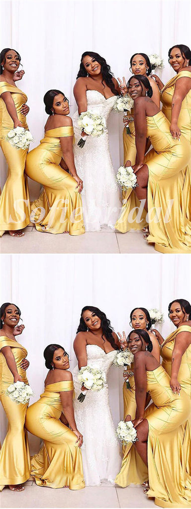 Sexy Soft Satin One Shoulder Sleeveless Side Slit Mermaid Floor Length Bridesmaid Dressses,SFWG00479