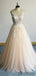 A-line Round Neck Long Tulle Lace Appliques Prom Dresses, PD0095