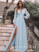 Simple A-Line V-Neck Long Sleeves Chiffon Split Side Long Prom Dresses,SFPD0004