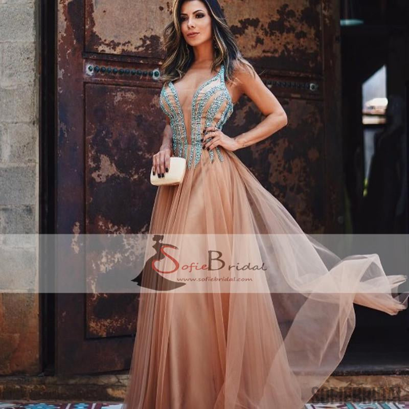 Simple Elegant Tulle Beaded Prom Dresses, Backless Prom Dresses, Cheap Prom Dresses, PD0414