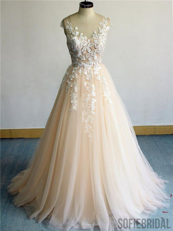 A-line Round Neck Long Tulle Lace Appliques Prom Dresses, PD0095