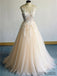 A-line Round Neck Long Tulle Lace Appliques Prom Dresses, PD0095