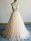 A-line Round Neck Long Tulle Lace Appliques Prom Dresses, PD0095