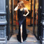 Spaghetti Sexy V-neck Front Slit Black Satin Chic Long Prom Dresses, PD0348