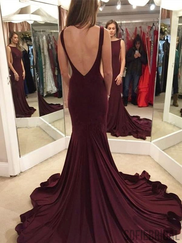 Mermaid Scoop Neck Backless Burgundy Prom Dresses With Train, PD0034