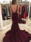 Mermaid Scoop Neck Backless Burgundy Prom Dresses With Train, PD0034
