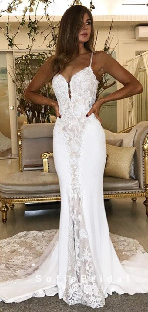 Mermaid Spaghetti Straps Long Wedding Dresses With Lace,SFWD0005