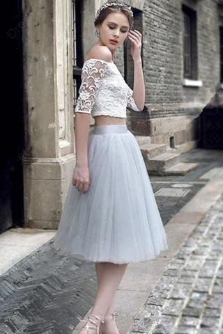 2 pieces Lace Top Half Sleeve Light Grey Tulle Skirt Homecoming Dresses, Popular Homecoming Dresses, SF0087