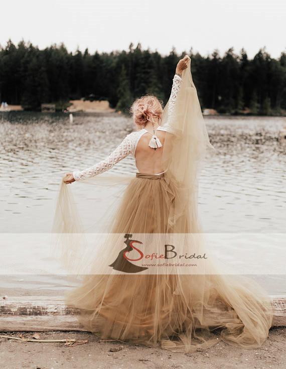 Round Neck Long Sleeve Backless Lace Tulle Wedding Dresses, Country Wedding Dresses WD0262