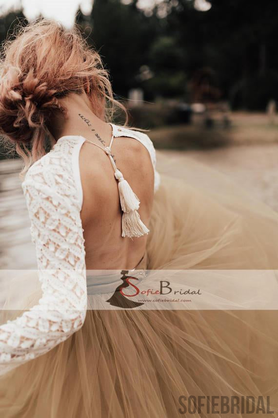 Round Neck Long Sleeve Backless Lace Tulle Wedding Dresses, Country Wedding Dresses WD0262