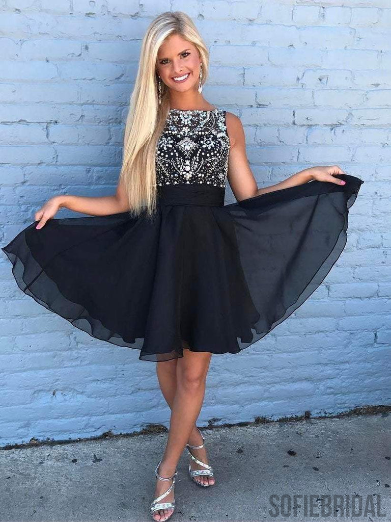 Cute Rhinestone Beaded Chiffon Short Black Homecoming Dresses 2018, CM492