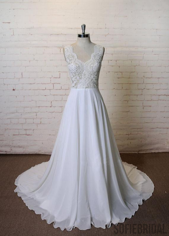 Sexy Backless See Through Lace V Neck A-line Cheap Beach Wedding Dresses Online, WD387