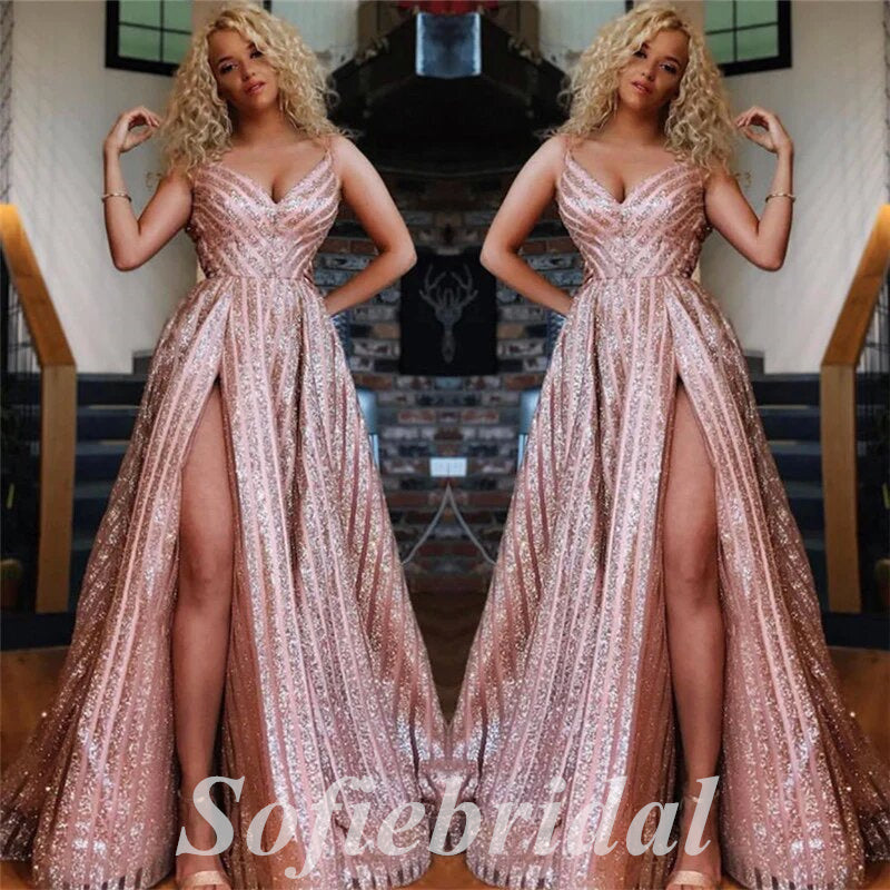 Sexy Sequin Tulle Spaghetti Straps V-Neck Sleeveless Side slit A-Line Long Prom Dresses,PD0789