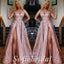 Sexy Sequin Tulle Spaghetti Straps V-Neck Sleeveless Side slit A-Line Long Prom Dresses,PD0789
