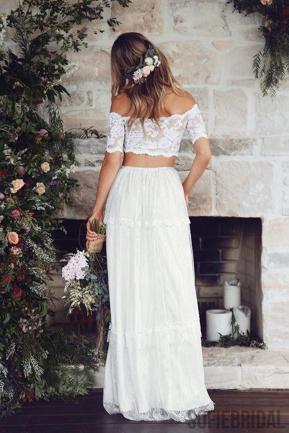 White Sexy Two Pieces Long Sleeve Lace Wedding Dresses Online, WD360