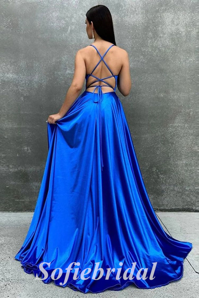 Sexy Satin Spaaghetti Straps sleeveless Lace Up Back Side Slit A-Line Long Prom Dresses, PD0827