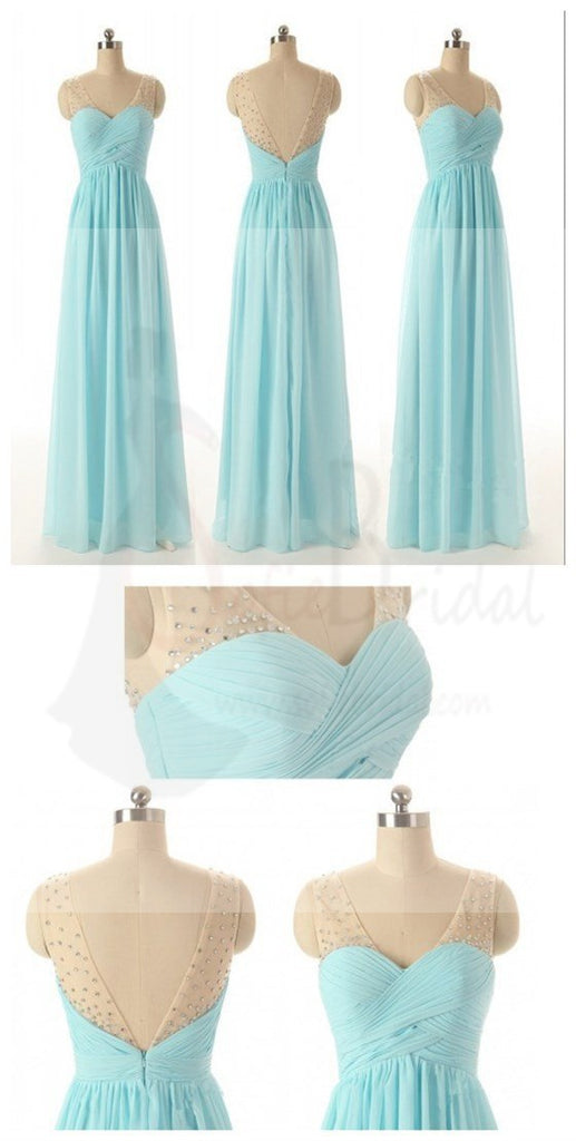 Junior Off Shouler V-neck Blue Chiffon Formal A Line Floor-Length Wedding Party Dresses for Bridesmaid, WG56