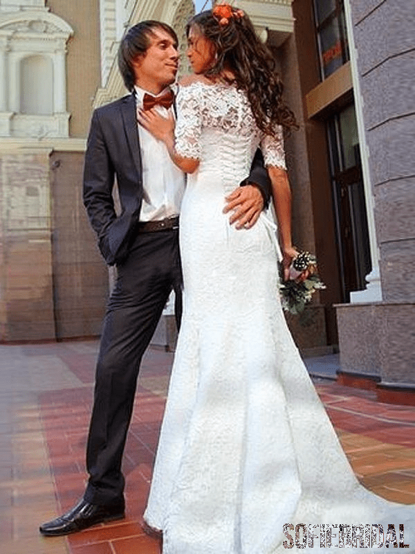 Off Shoulder Lace Long Sleeve Mermaid Wedding Dresses Online, WD364