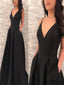 Spaghetti Black Satin Prom Dresses, V-neck Prom Dresses, Long Prom Dresses, Prom Dresses, PD0597